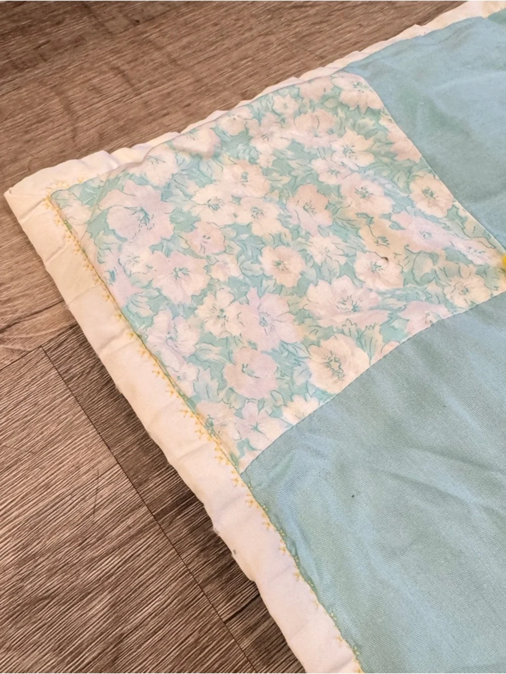 Vintage Handmade Patchwork Quilt White, Blue & Yellow Tattered Country